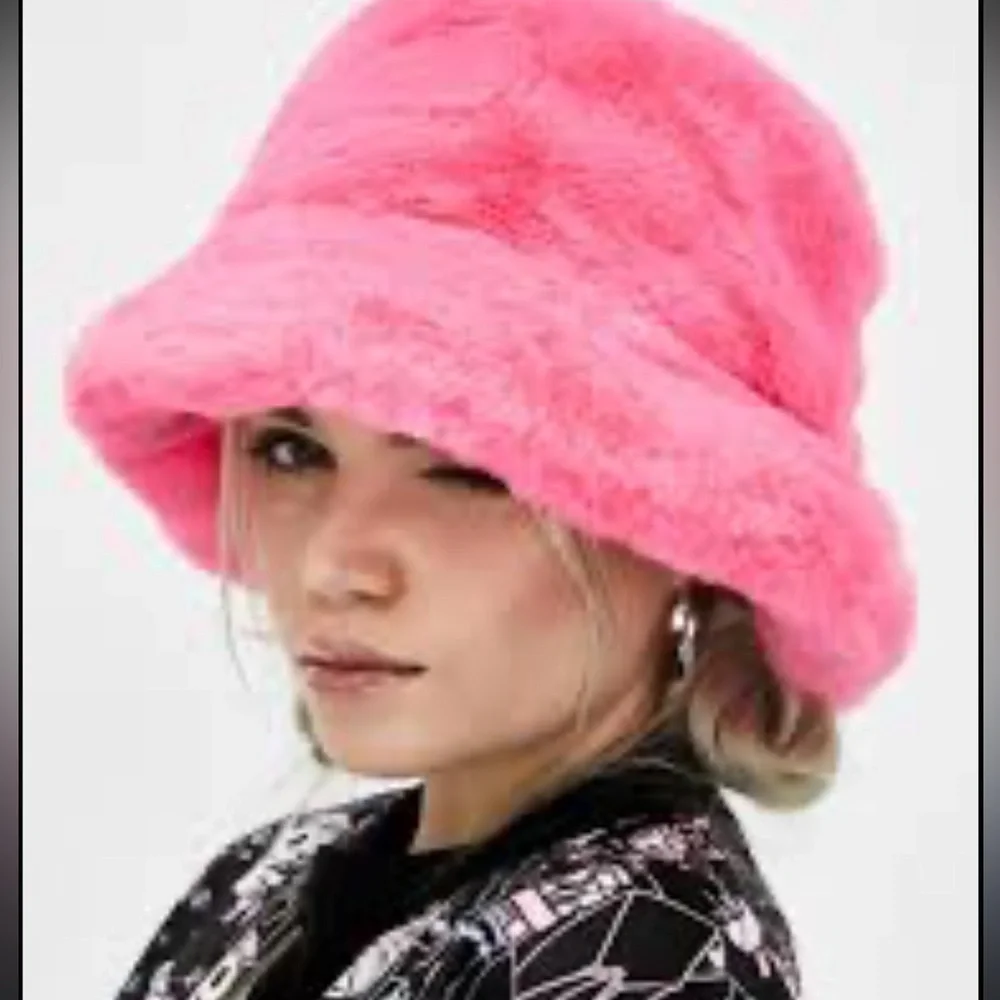 Ellas mustard yellow or bubble gum pink  faux fir look lined warm bucket hat